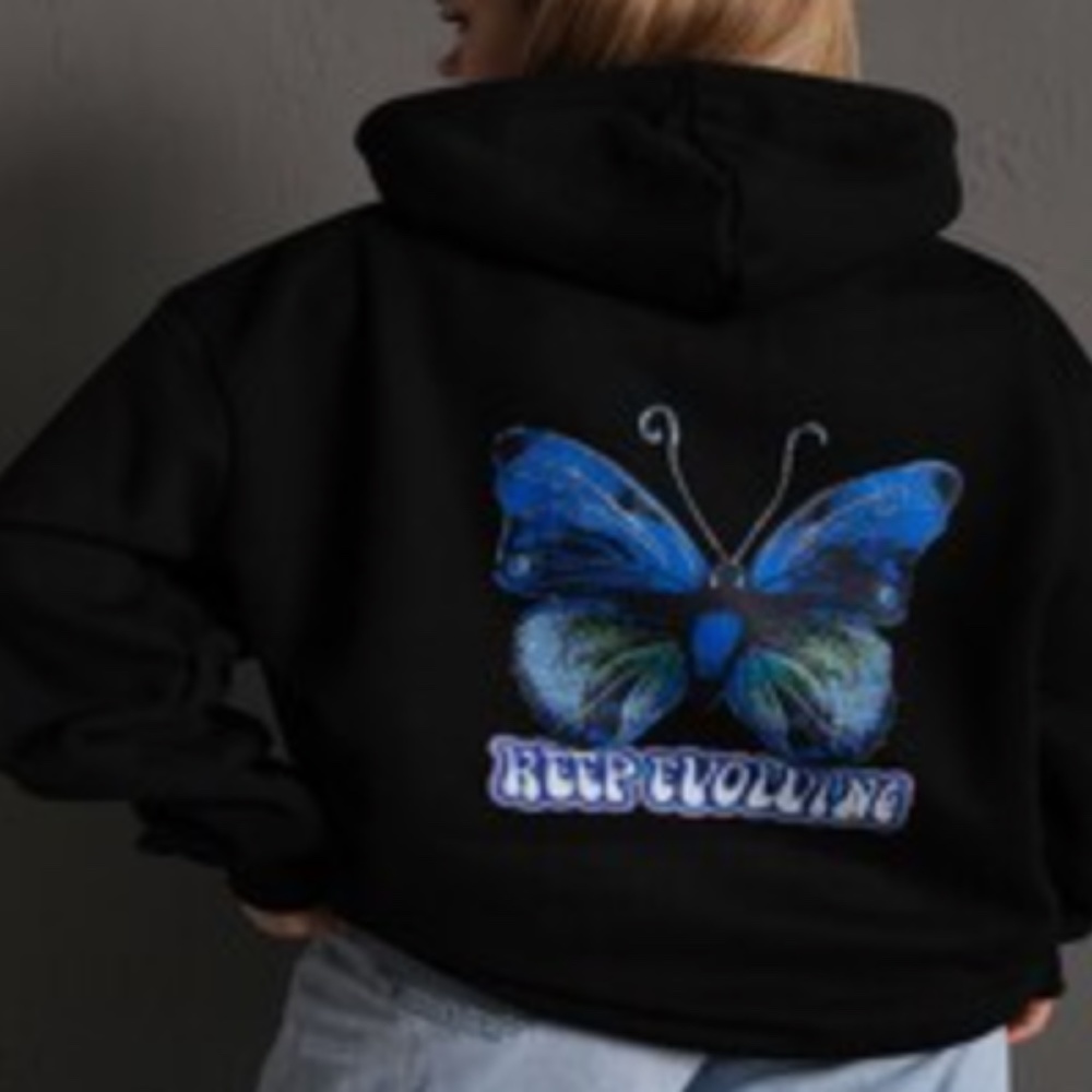SHEIN Black Keep Evolving Hoodie Butterfly Blue